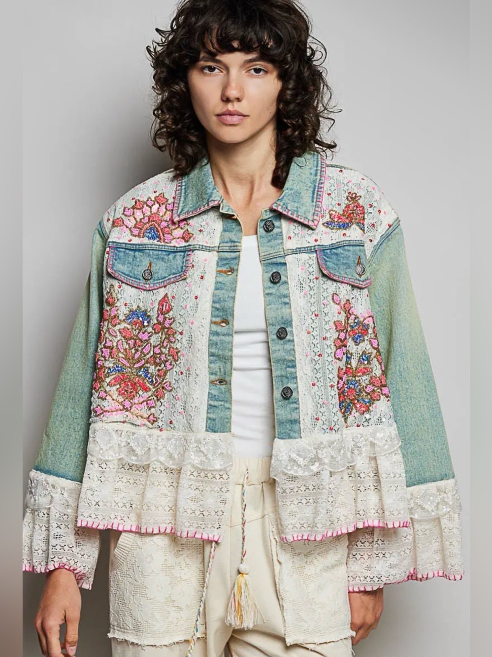 POL Embellished Beaded & Lace Denim Jacket
